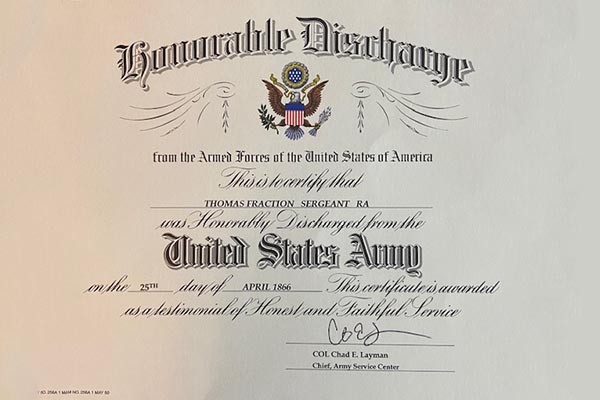 Certificate of Honorable Discharge provided after 155 years.