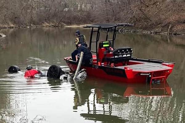 Little Dam Road Bridge -vehicle submerged upside down in the water. One subject was removed from the vehicle in critical condition. Photo: Pulaski County Special Operations Team