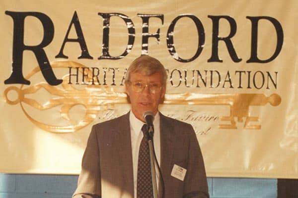 Then Radford Mayor Tom Starnes at the ceremony in which Kollmorgen Corporation donated the Glencoe structure to the City in 1996 for a future museum