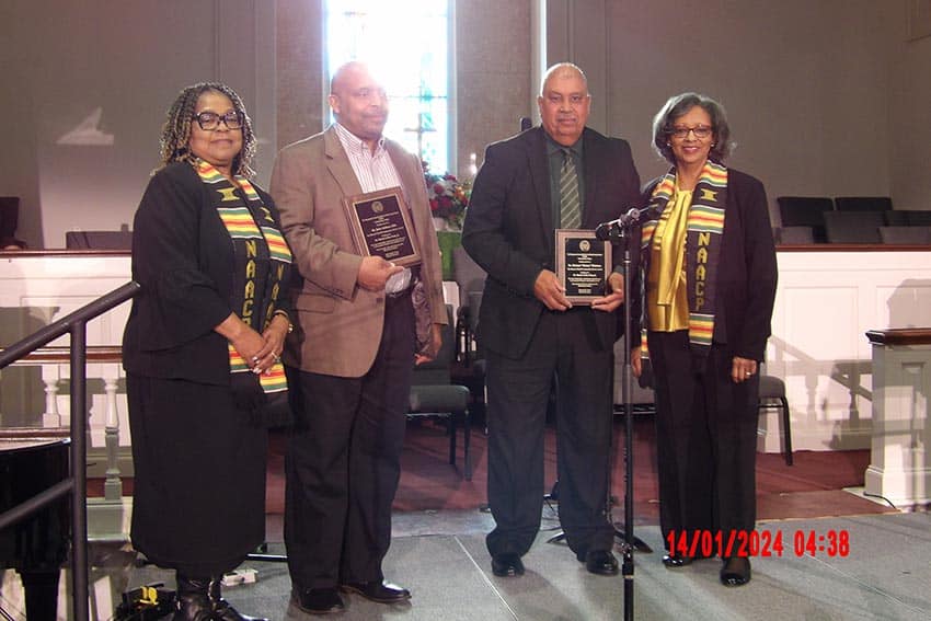 Community Service Award Winners John Sills and Michael Hickman flanked by Secretary Shirley Akers and President Deborah Travis