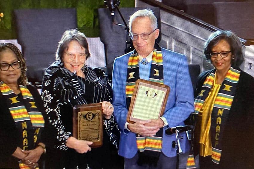 Silver Life Awardees Ann Shawhan and Larry Bechtel flanked by Secretary Shirley Akers and President Debbie Travis