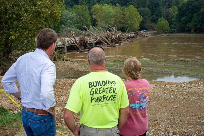 Governor Glenn Youngkin assesses storm damage caused by Hurricane Helene in Fries, Virginia on September 29, 2024. Official Photo by Christian Martinez, Office of Governor Glenn Youngkin.